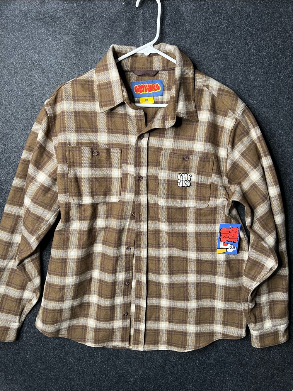 NWT Empyre Men's Brown Plaid Flannel Button-Up M Long Sleeve Shirt Pockets Baggy